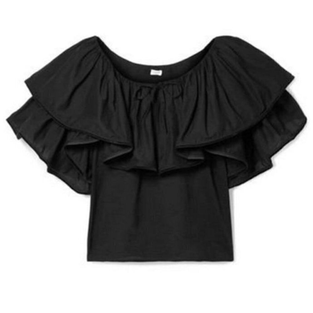 RHODE RESORT Blanca Off Shoulder Tiered Ruffle Top Cotton-Voile Neck Tie Black - Picture 4 of 12